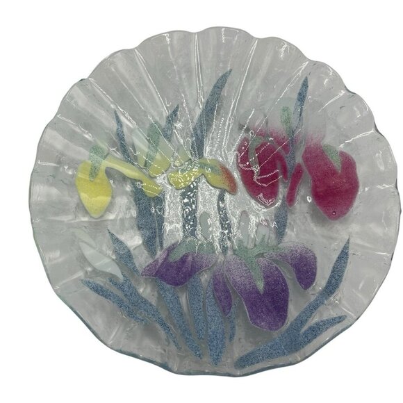 Vtg Sydenstricker Fused Art Glass Iris Floral Ruffled Edge 8" Trinket Bowl Plate - Picture 3 of 11